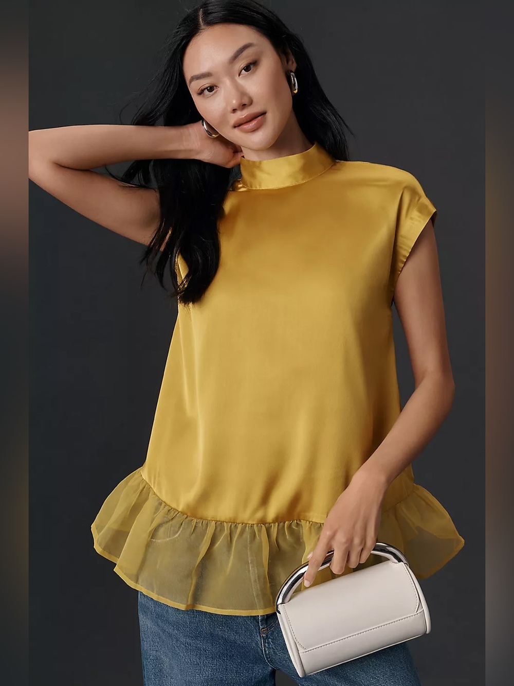✨ Maeve Cap-Sleeve Ruffle-Hem Shine Swing Blouse Size Medium NWT